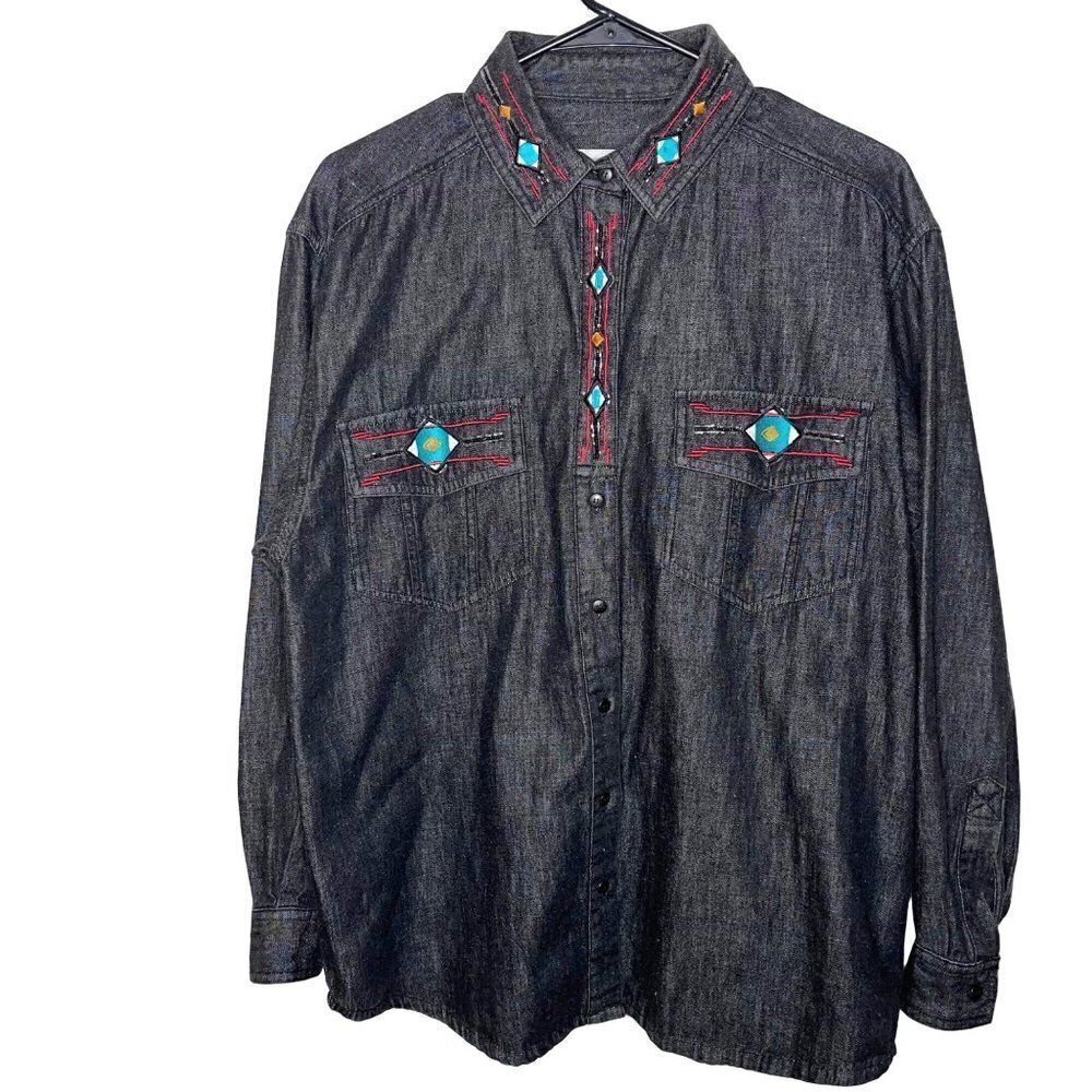Carole Little For St. Tropez Wear Womens Shirt Size 8 Denim Embroidered Prairie